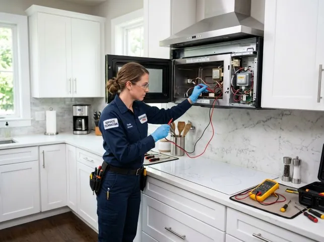 Appliance Repair Hero technician testing an over-the-range microwave in a Brandywine, WV kitchen